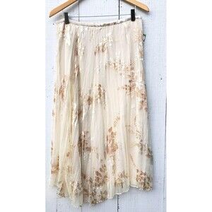 $395 Vince Asymmetrical Burnout Floral Crinckle Pleated Midi Skirt in Cream Sz 8